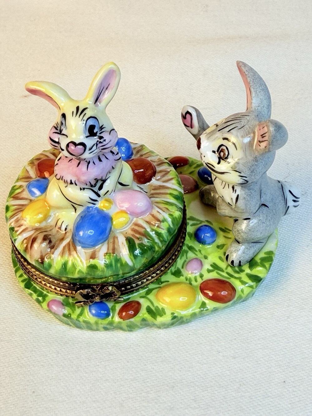 E.G. Versailles Limoges France Bunny W/ Eggs Trinket Box # 11/500 -Read